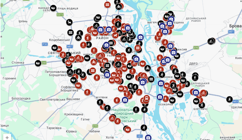 мапа з місцями концентрації ДТП у Києві