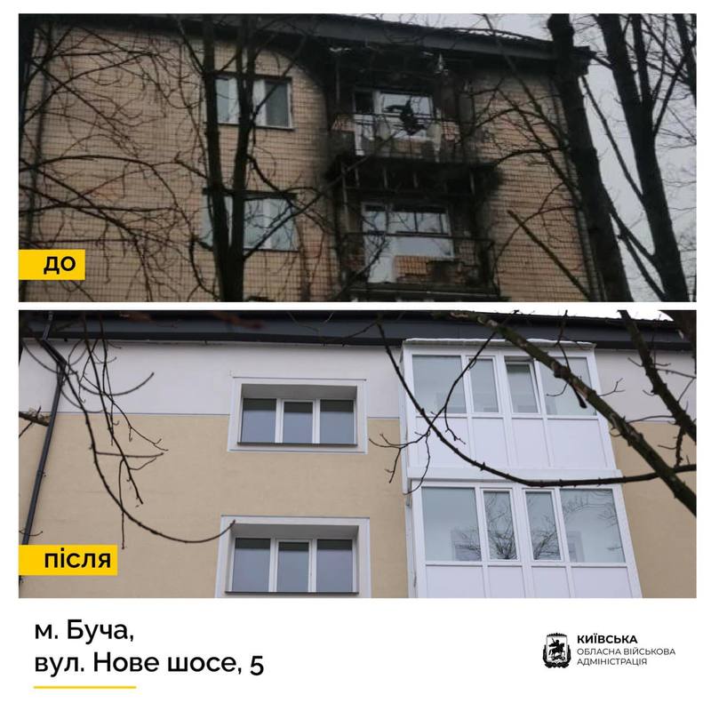 У Бучі відновили п'ятиповерхівку, сильно пошкоджену російськими обстрілами