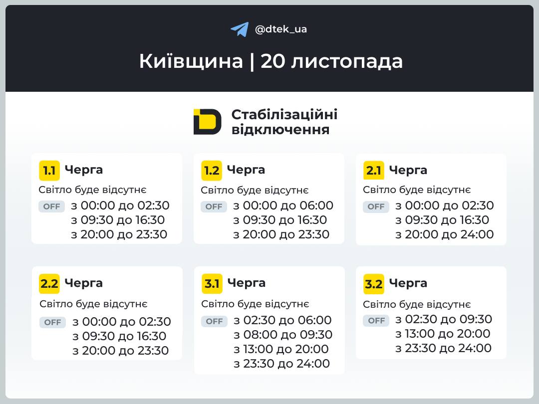 графік відключень світла на Київщині 20 листопада