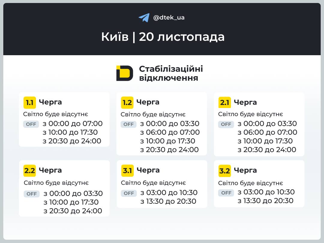 графік відключень світла в Києві 20 листопада