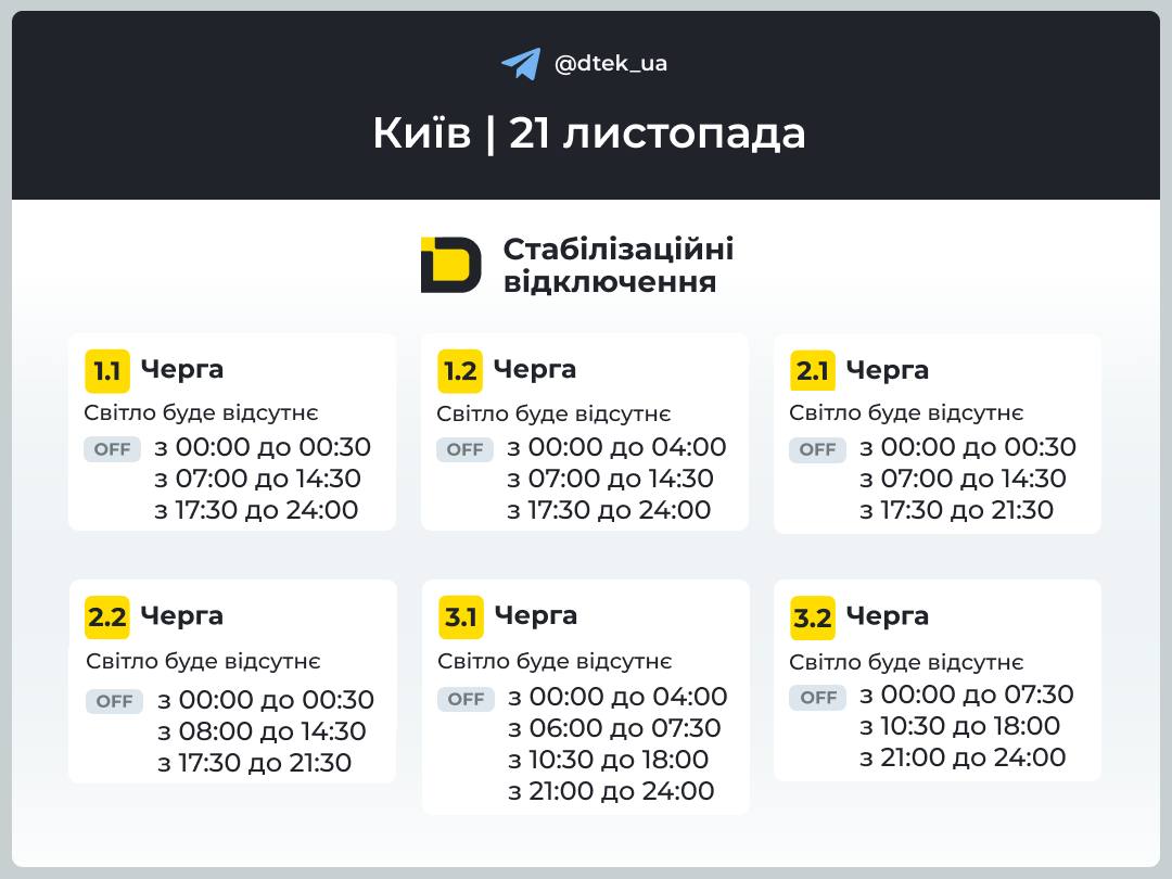 графік відключення світла в Києві 21 листопада