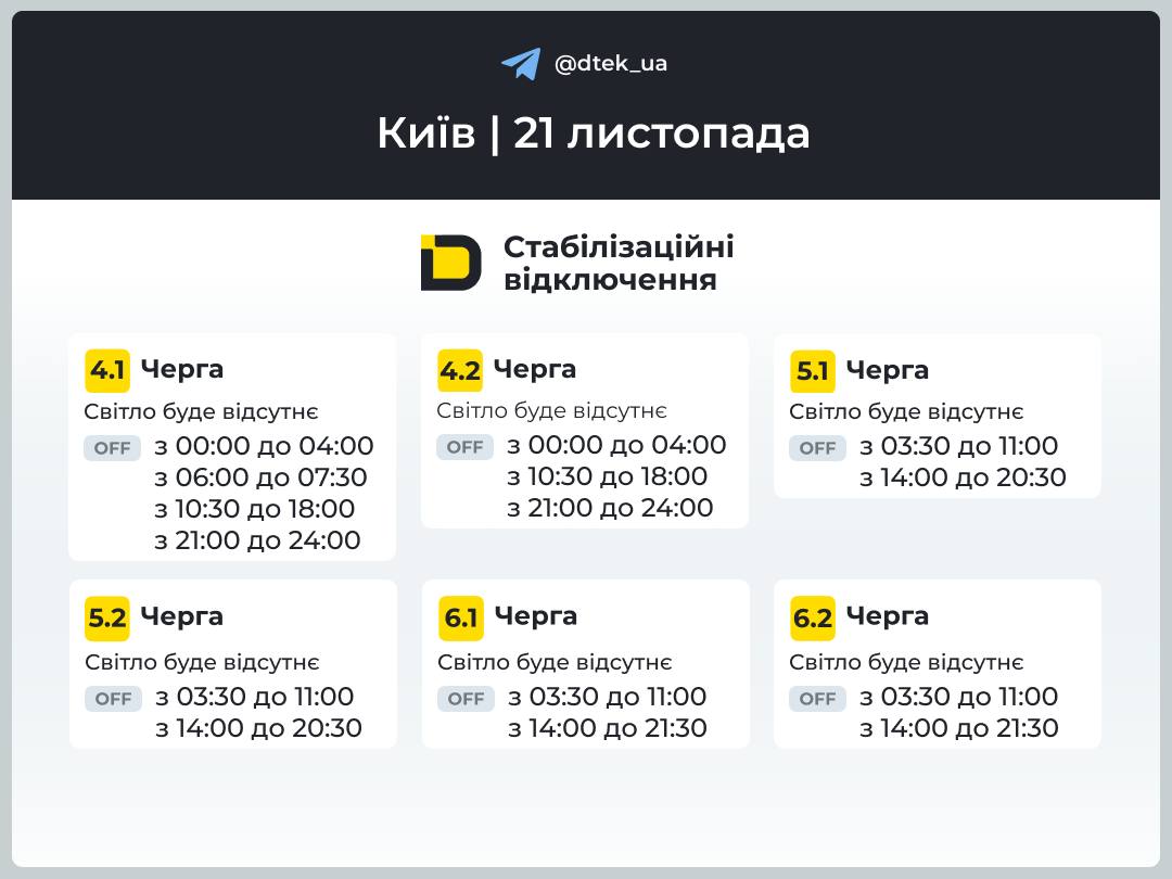 графік відключення світла в Києві 21 листопада