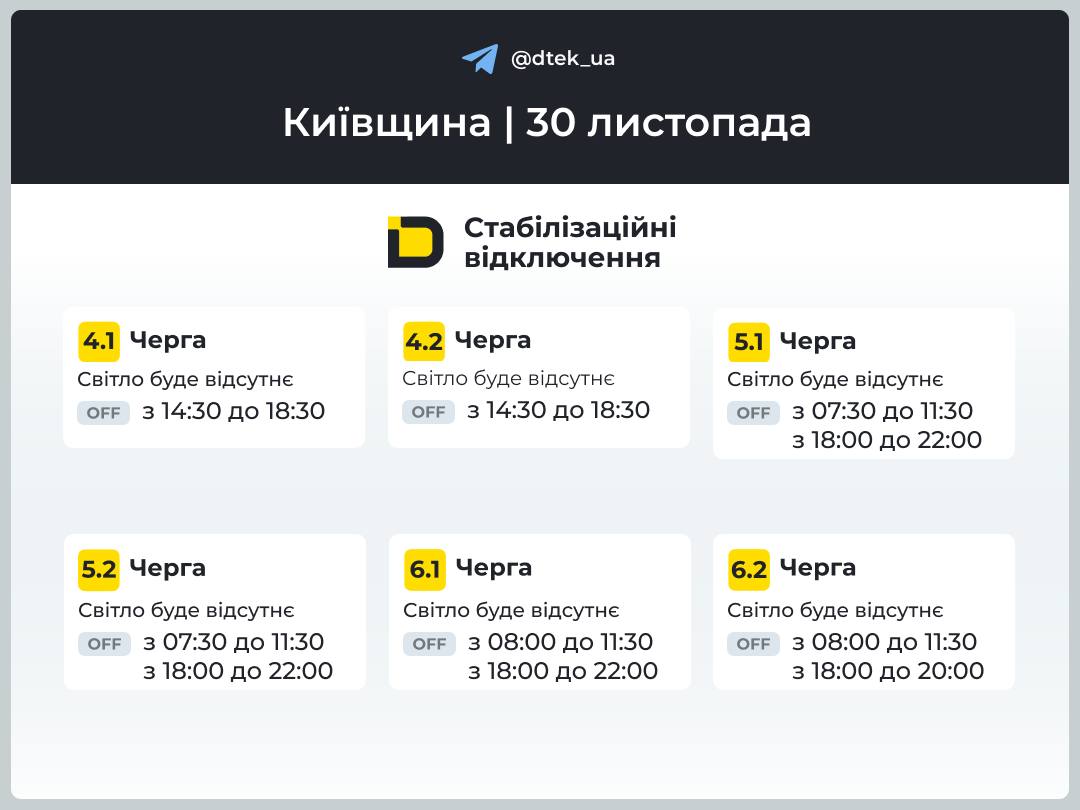 графік відключення світла в Київській області 30 листопада