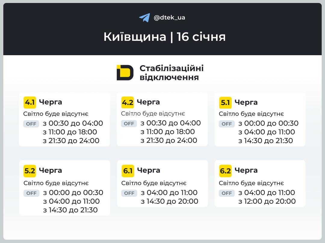 відключення світла на Київщині 16 січня