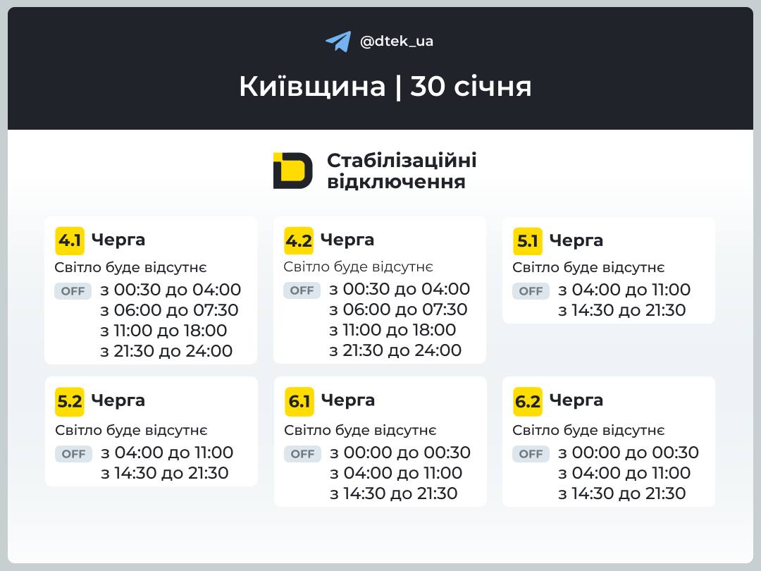 відключення світла на Київщині 30 січня