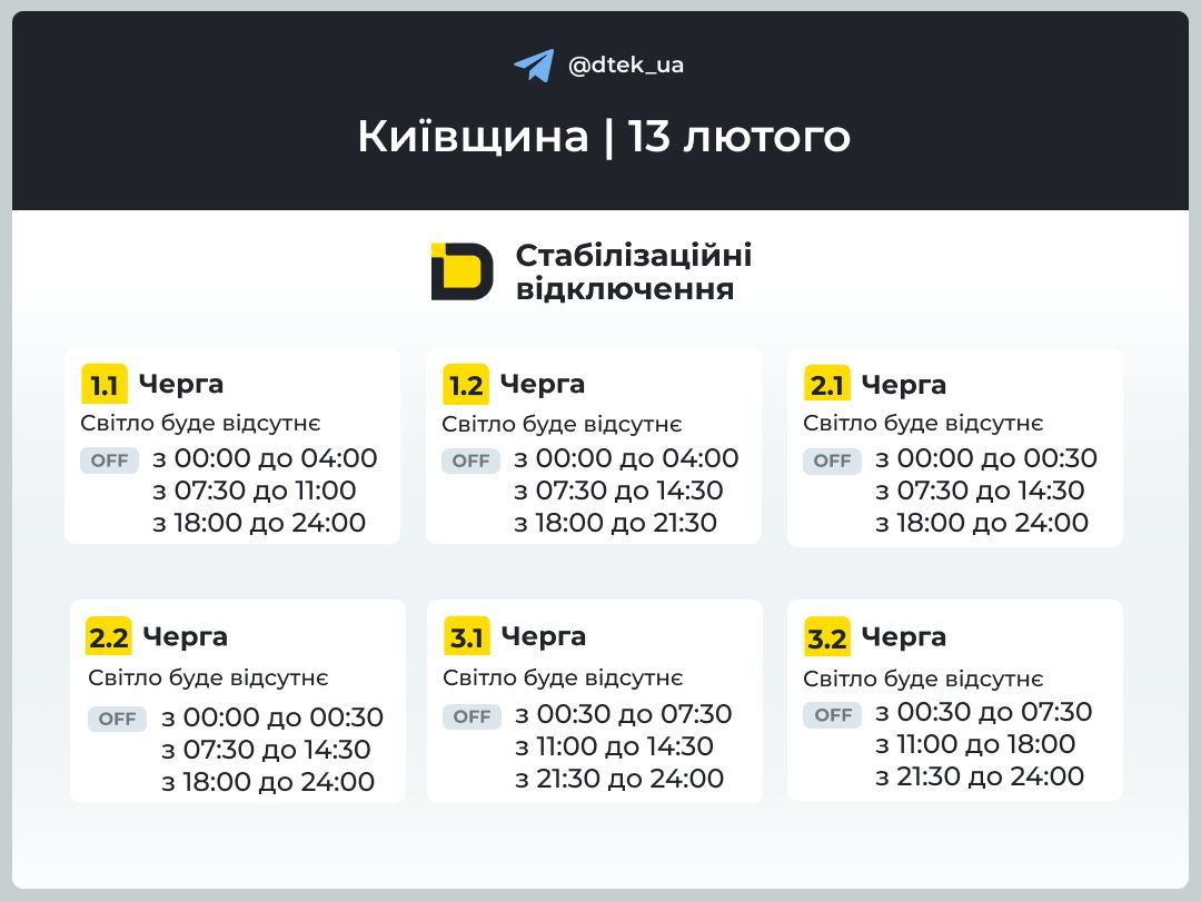 Відключення світла на Київщині 13 лютого