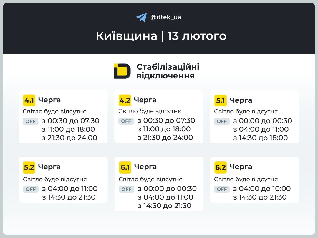 Відключення світла на Київщині 13 лютого
